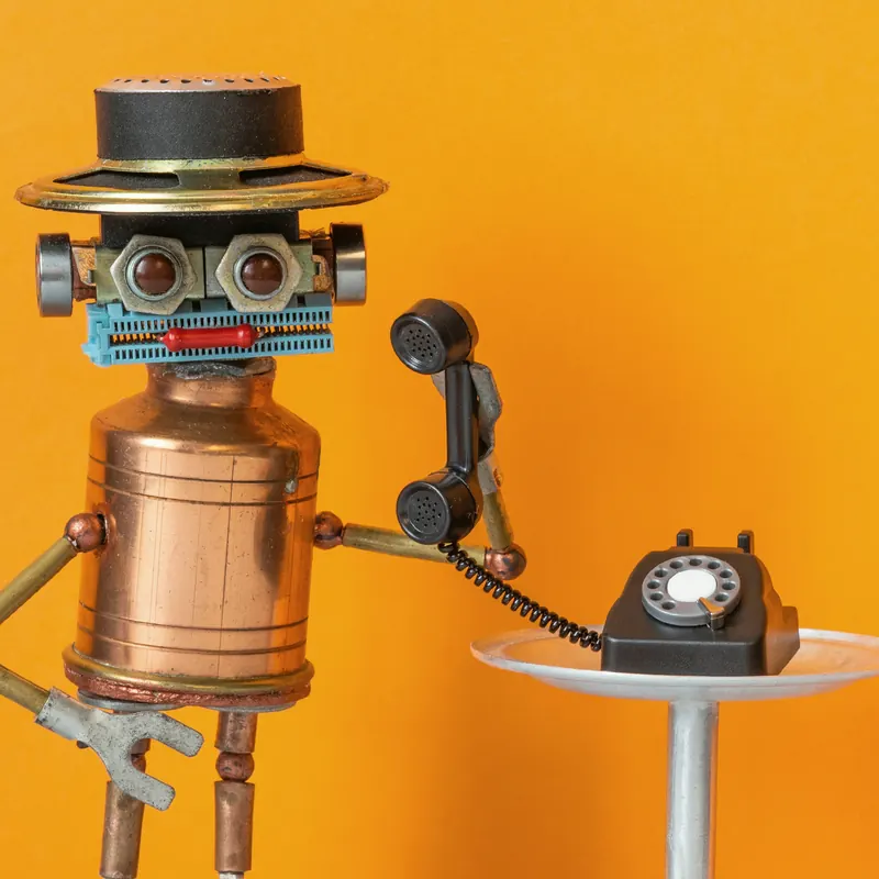 Robot ze słuchawką telefonu retro — zapraszamy do kontaktu